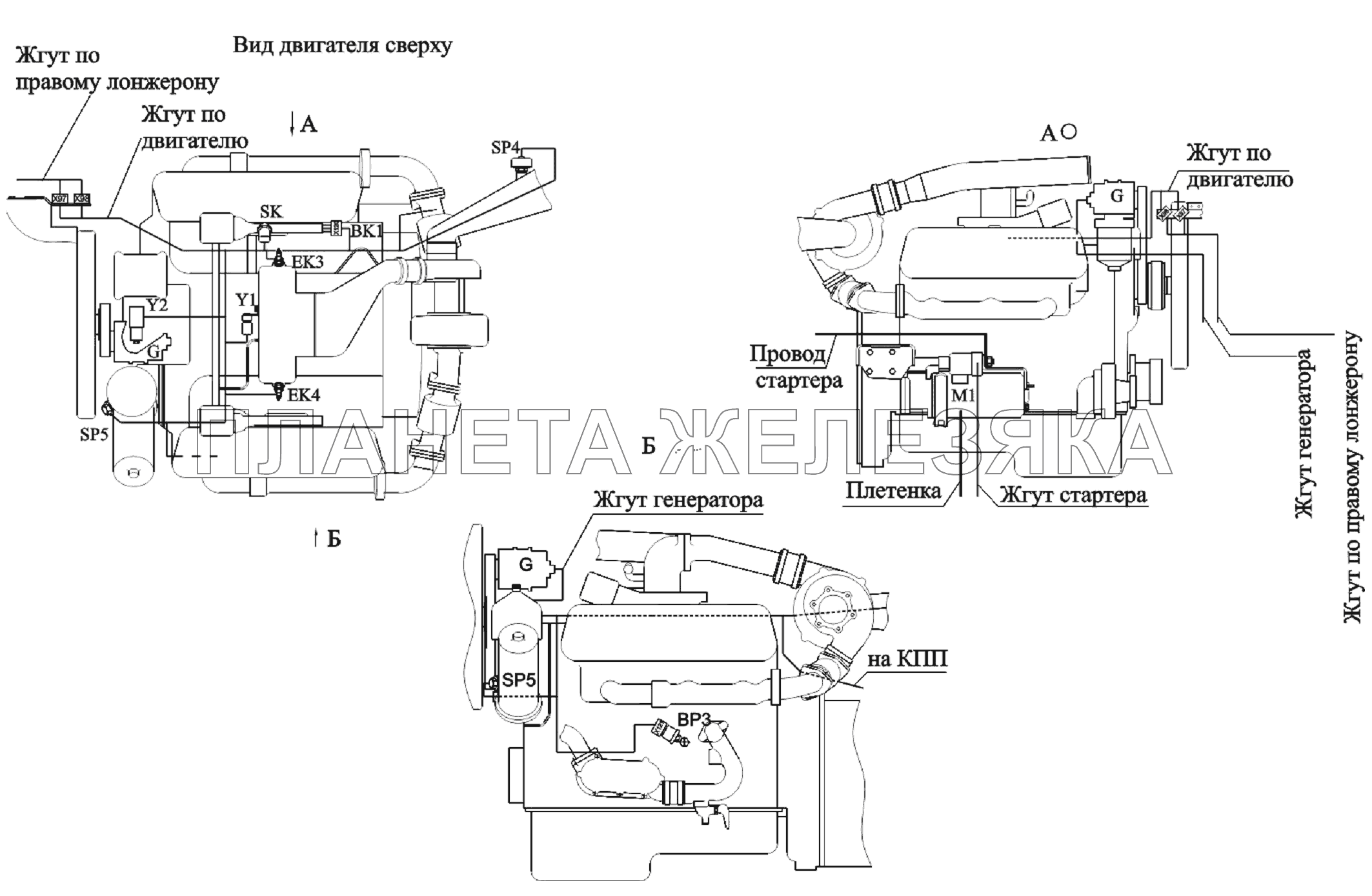 Расположение разъемов и элементов электрооборудования на двигателе ЯМЗ-6562.10 МАЗ-6303A3, 6303A5